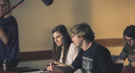 Actors Mia Cooke and Alistair Challis on set