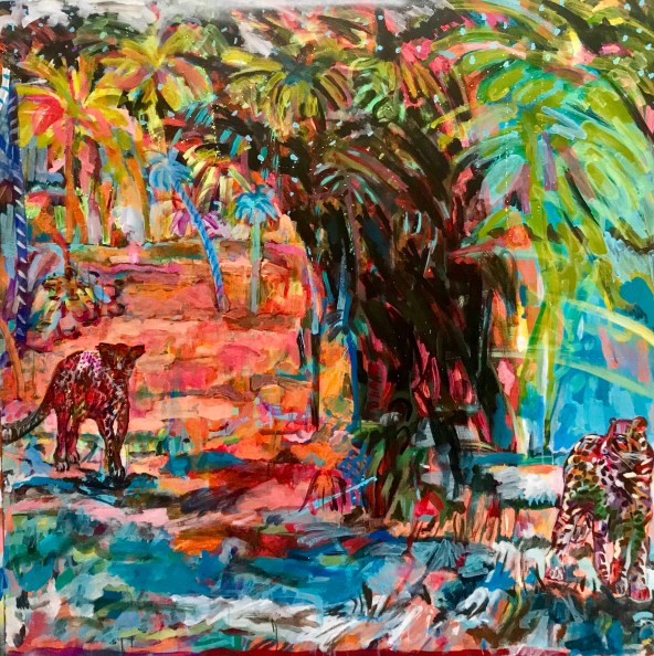 “Tristes Tropiques” Acrylic and spray paint on canvas 55 x 55 inches 2018